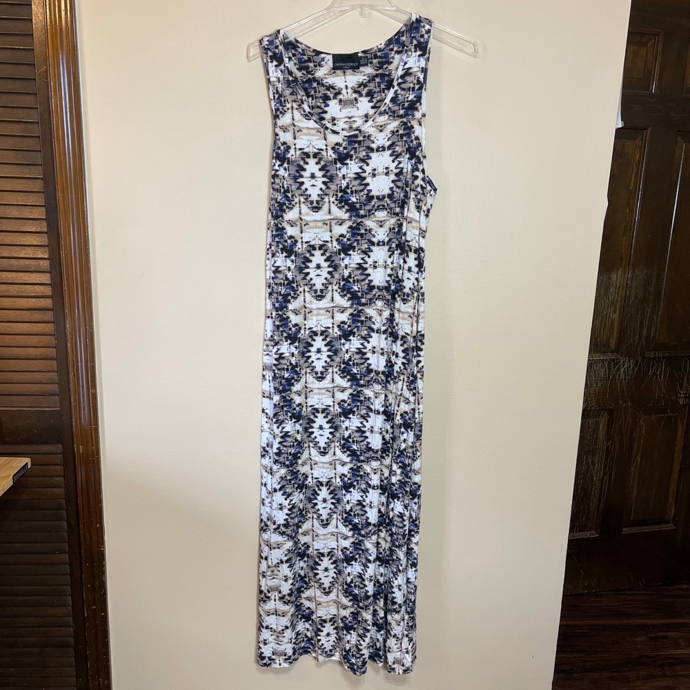 Cynthia Rowley Woman Blue Geometric Ikat Sleeveless Maxi Dress Shelf Bra 3X